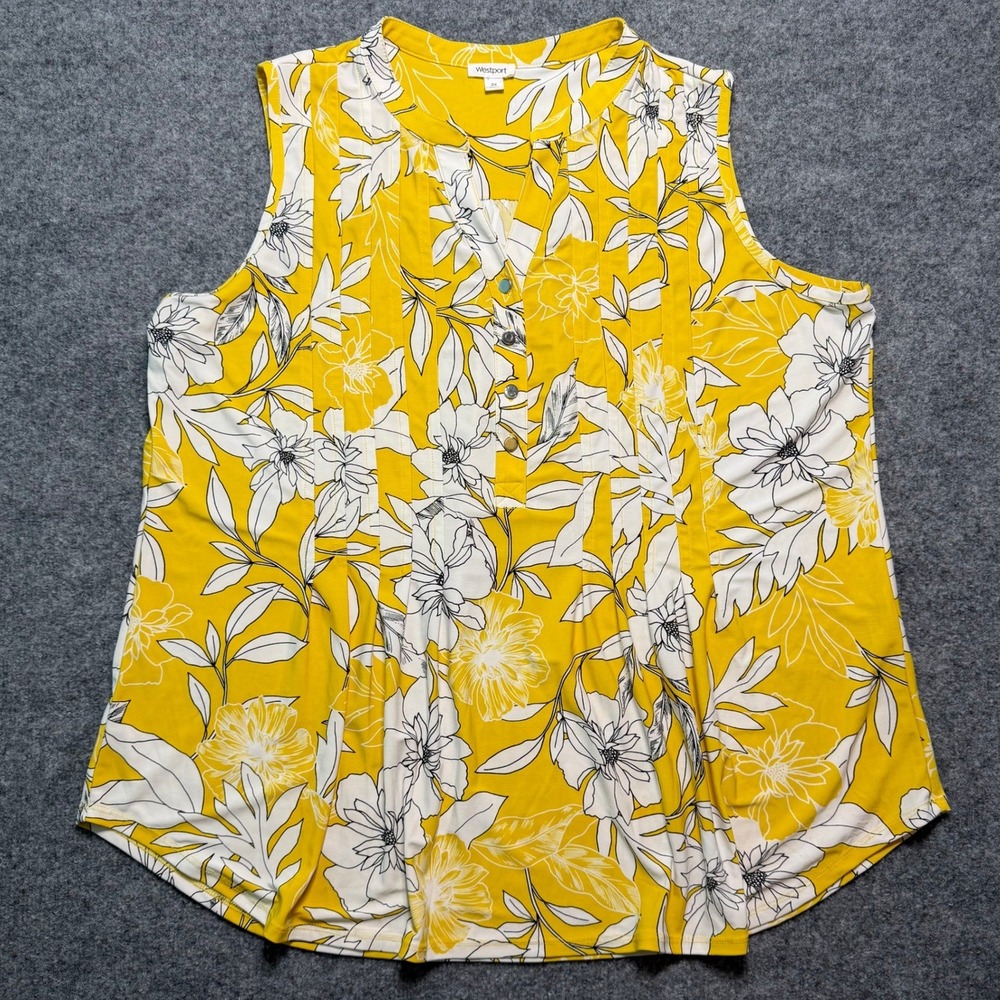 Westport Sleeveless Blouse 2X Yellow Floral Pintuck‎ Split Neck Top